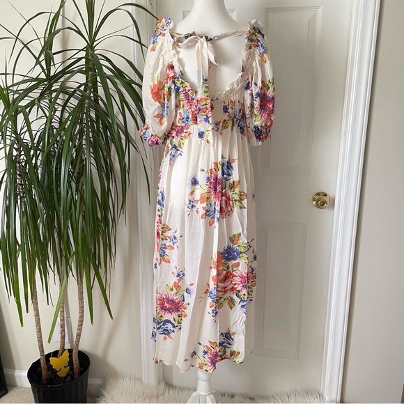 By Anthropologie Dress NWT Puff Sleeve Smocked MIDI Dress in White Floral Medium - Picture 11 of 16